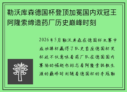 勒沃库森德国杯登顶加冕国内双冠王阿隆索缔造药厂历史巅峰时刻 勒沃库森德国杯登顶加冕国内双冠王阿隆索缔造药厂历史巅峰时刻