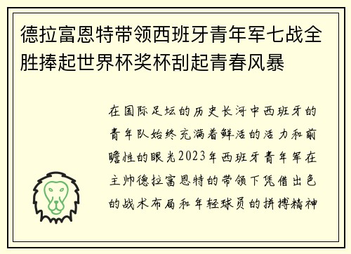 德拉富恩特带领西班牙青年军七战全胜捧起世界杯奖杯刮起青春风暴 德拉富恩特带领西班牙青年军七战全胜捧起世界杯奖杯刮起青春风暴